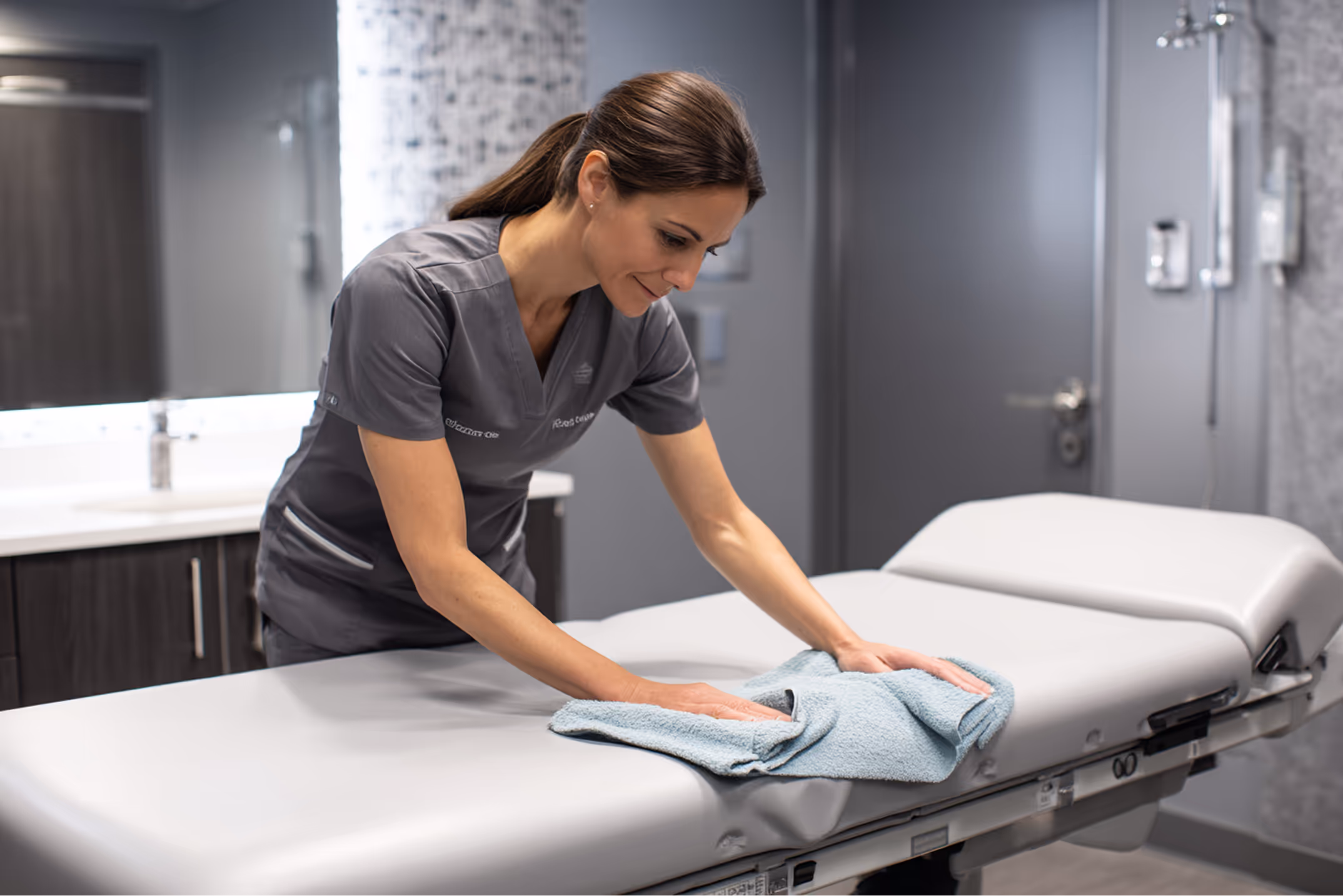 Reinigungskraft wischt Behandlungsliege in Praxis – Karma Reinigungsservice bietet maßgeschneiderte Hygienekonzepte für medizinische Einrichtungen.