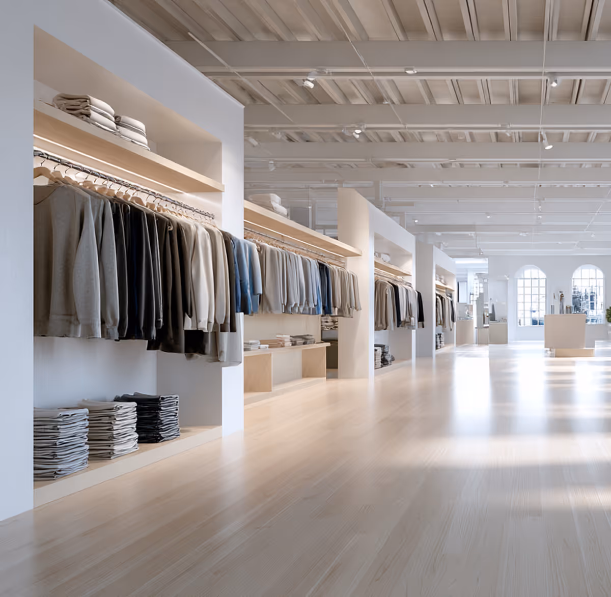 Sauberer Verkaufsraum mit Kleidung & glänzendem Boden – Karma Reinigungsservice reinigt Ladenflächen, Regale & Schaufenster professionell.