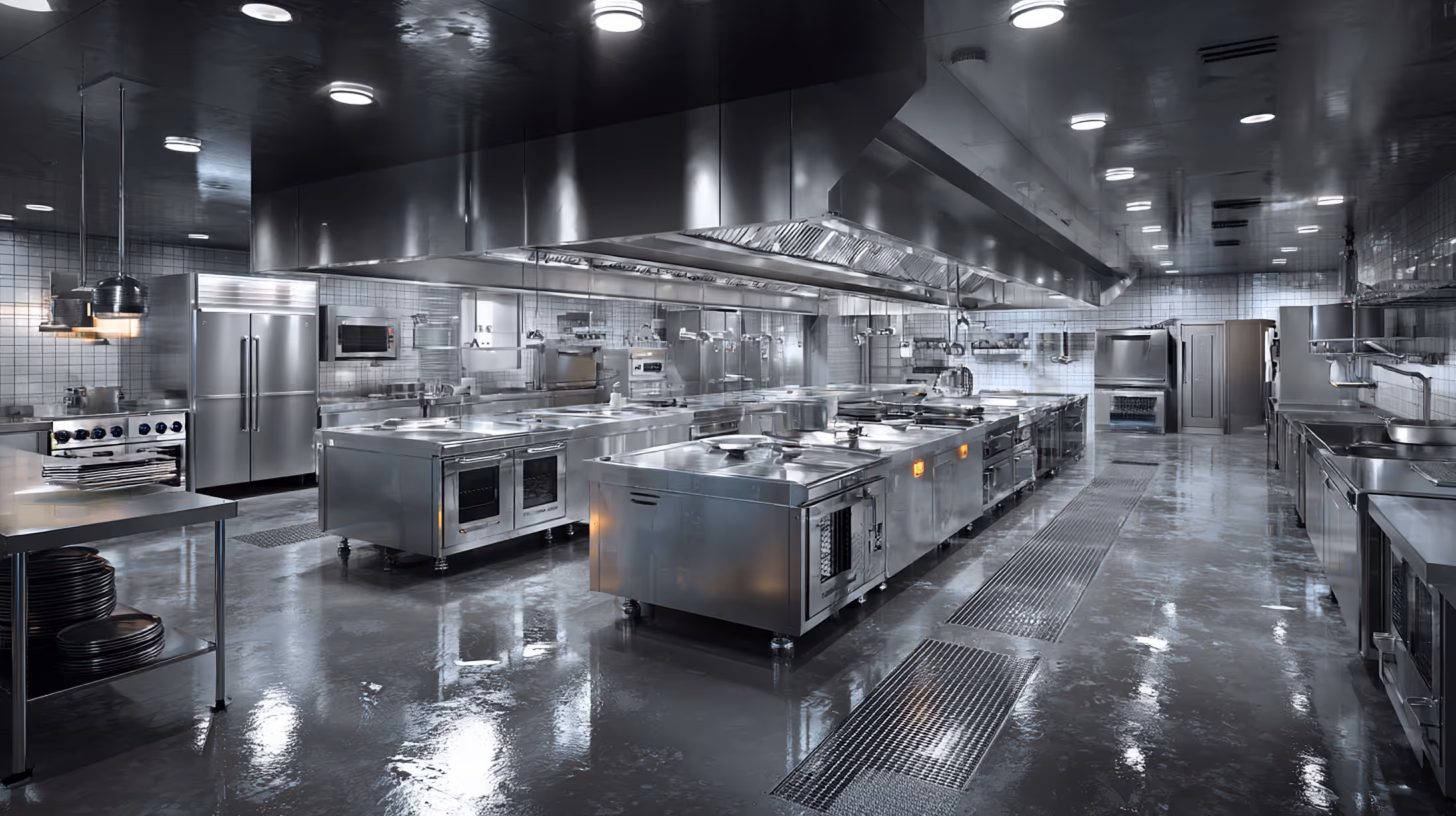 Glänzende Großküche mit Edelstahlgeräten – Karma Reinigungsservice bietet HACCP-konforme Reinigung für Restaurants & Profiküchen.