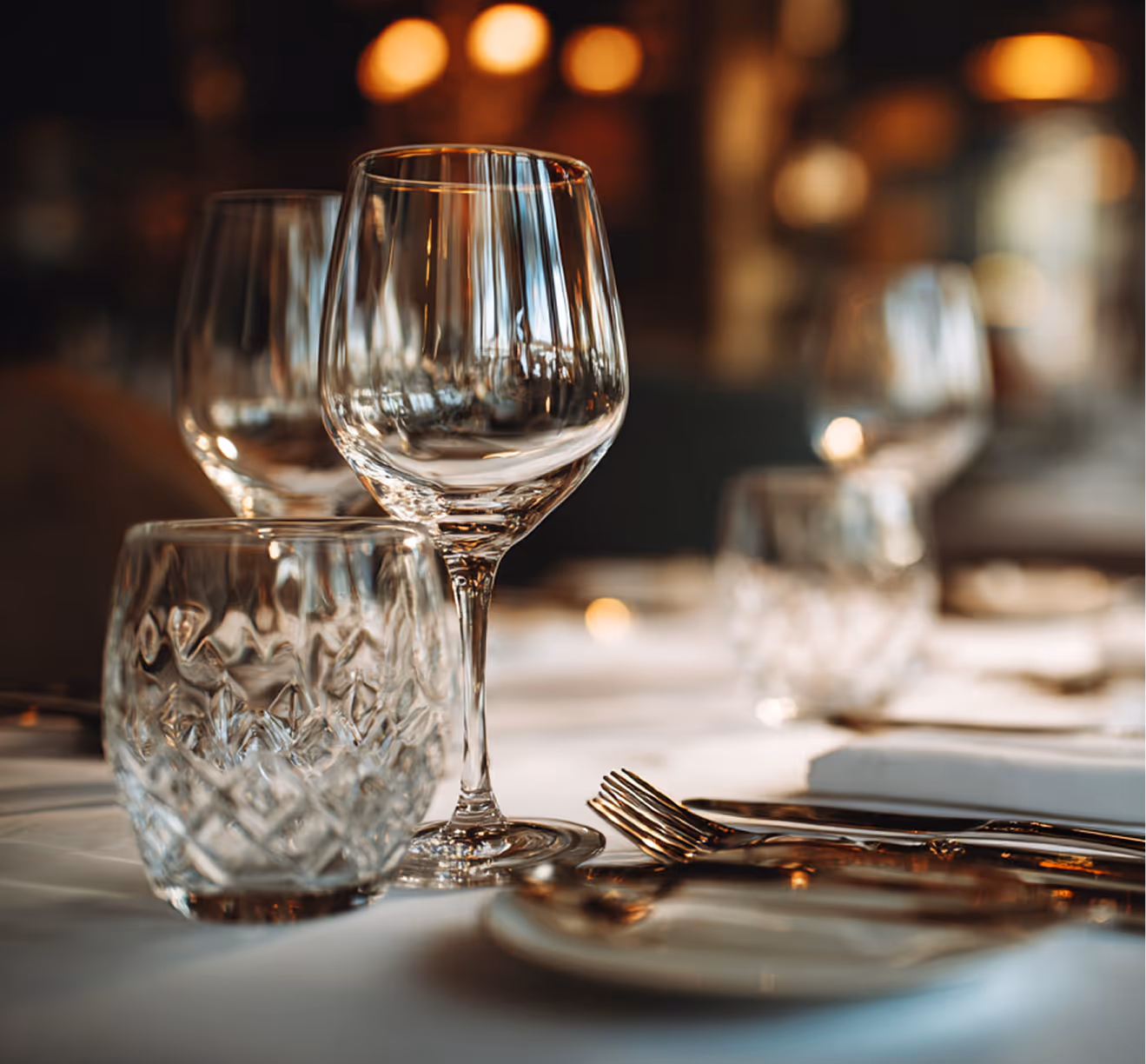 Elegant gedeckter Tisch mit Gläsern und Besteck – Karma Reinigungsservice sorgt für makellose Veranstaltungsräume vor, während und nach Events.