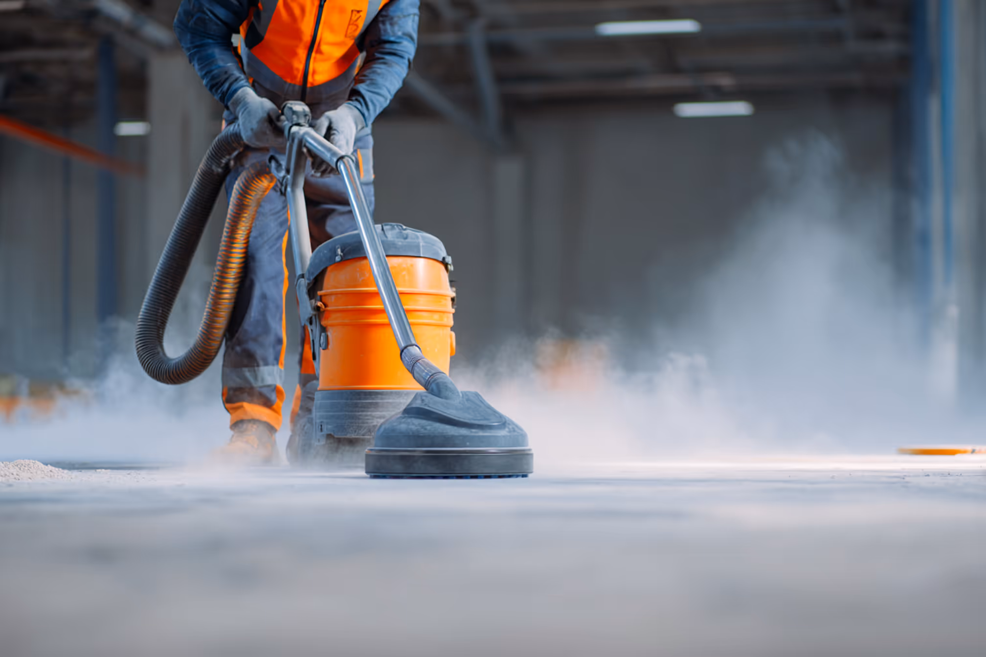 Bauarbeiter bei der professionellen Endreinigung mit Industriesauger nach Bauarbeiten – Baureinigung von Karma Reinigungsservice für eine saubere Übergabe.