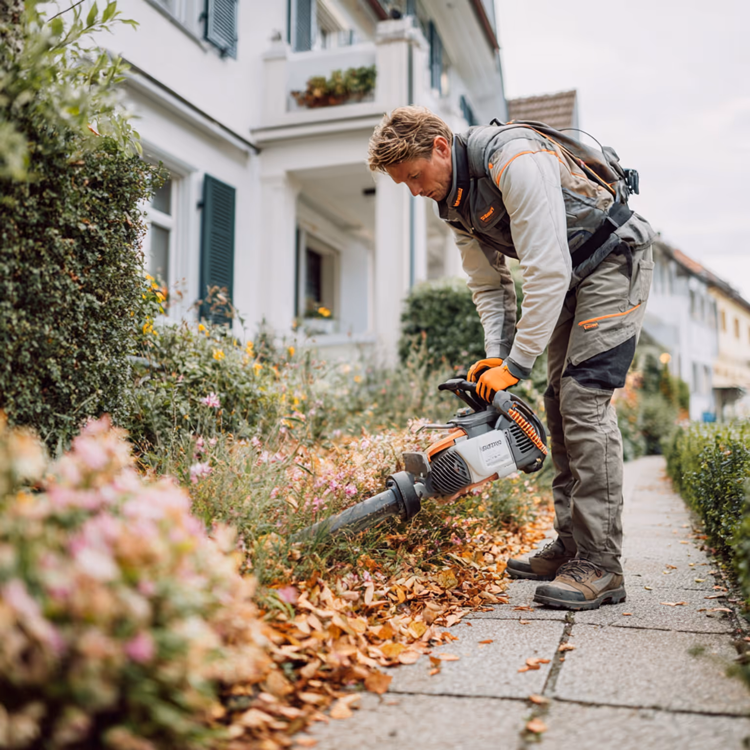 Gärtner bei der Pflege eines Vorgartens mit Motorsense – professionelle Gartenpflege, Rasenschnitt und Unkrautentfernung durch Karma Reinigungsservice.