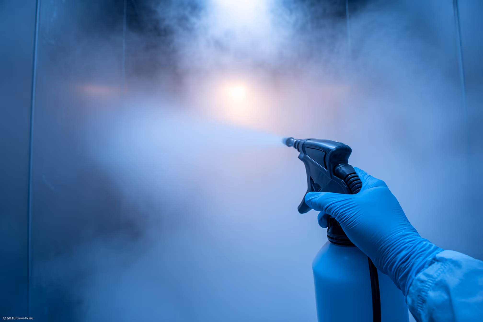Industriereiniger mit Schutzkleidung desinfiziert Produktionsfläche – professionelle Maschinen- und Hallenreinigung durch Karma Reinigungsservice.