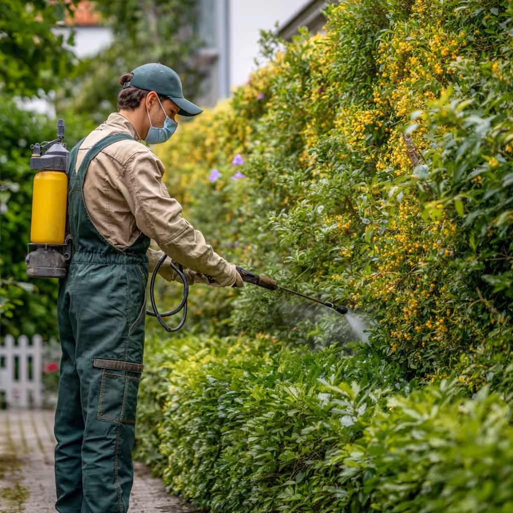 Mitarbeiter bei der professionellen Gartenpflege mit Hochdruckreiniger – gezielte Reinigung von Hecken und Außenanlagen für ein perfektes Ergebnis.