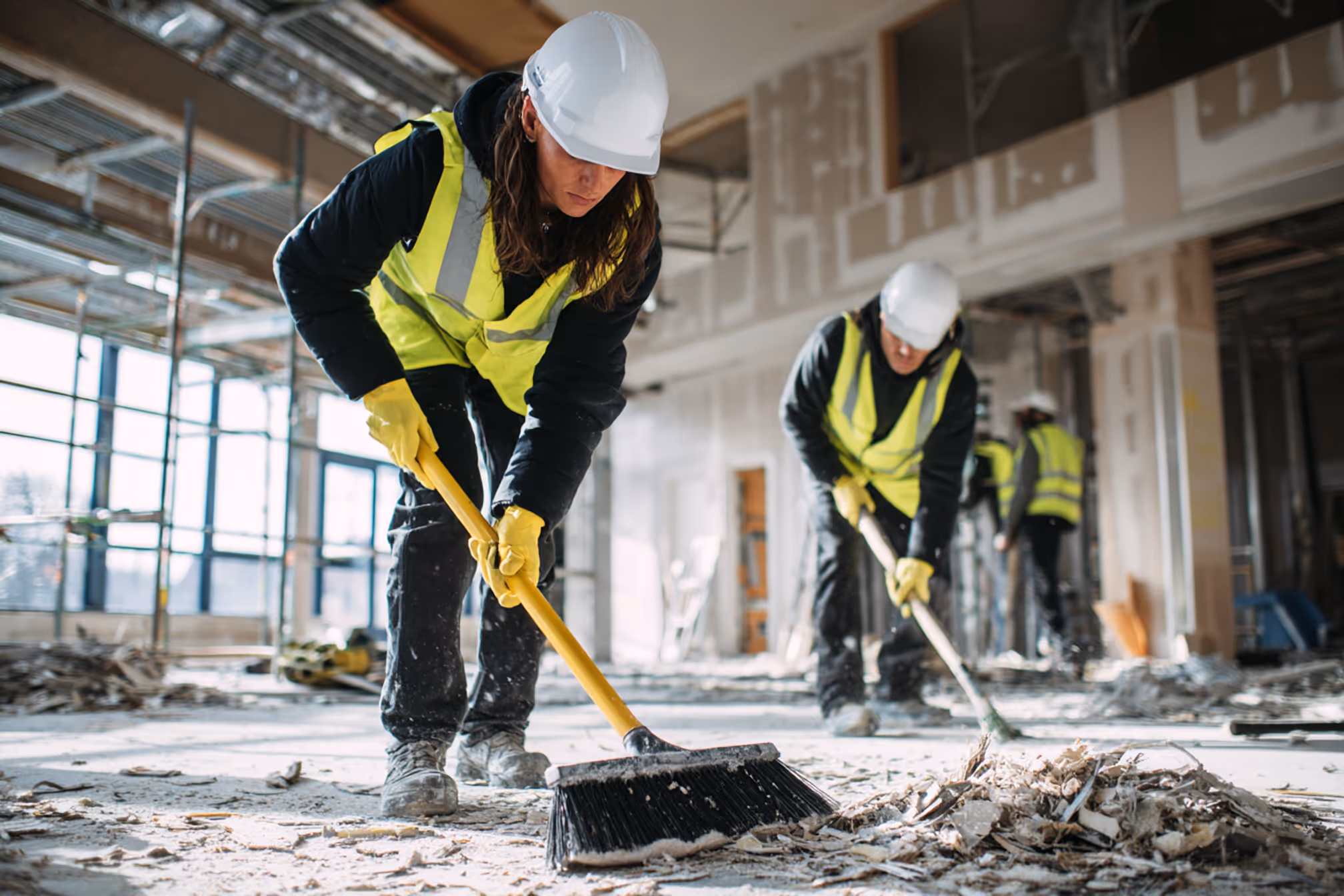 Zwei Bauarbeiterinnen bei der Baugrobreinigung – Fegen von Bauschutt auf einer Baustelle zur Sicherstellung von Sauberkeit und Sicherheit.