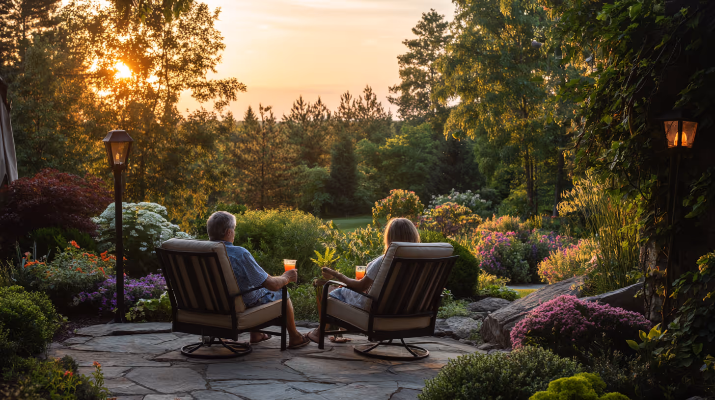 Zwei Personen genießen den Sonnenuntergang in einem gepflegten Garten – Symbol für entspannte Gartenfreude durch professionelle Pflege.
