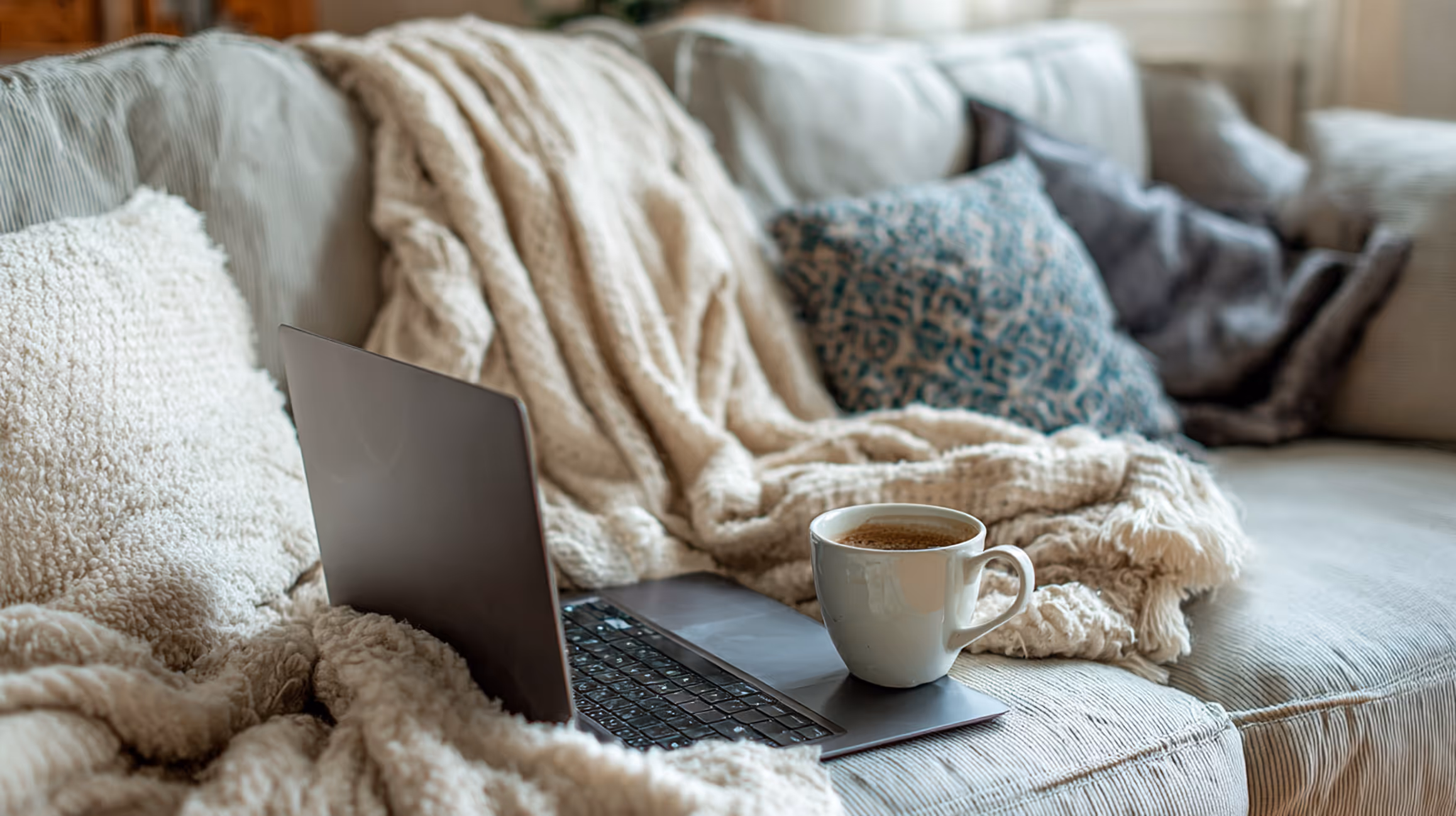 Laptop und Kaffeetasse auf einem gemütlichen Sofa – Symbol für den Spagat zwischen Arbeit, Erholung und Haushalt im Alltag.