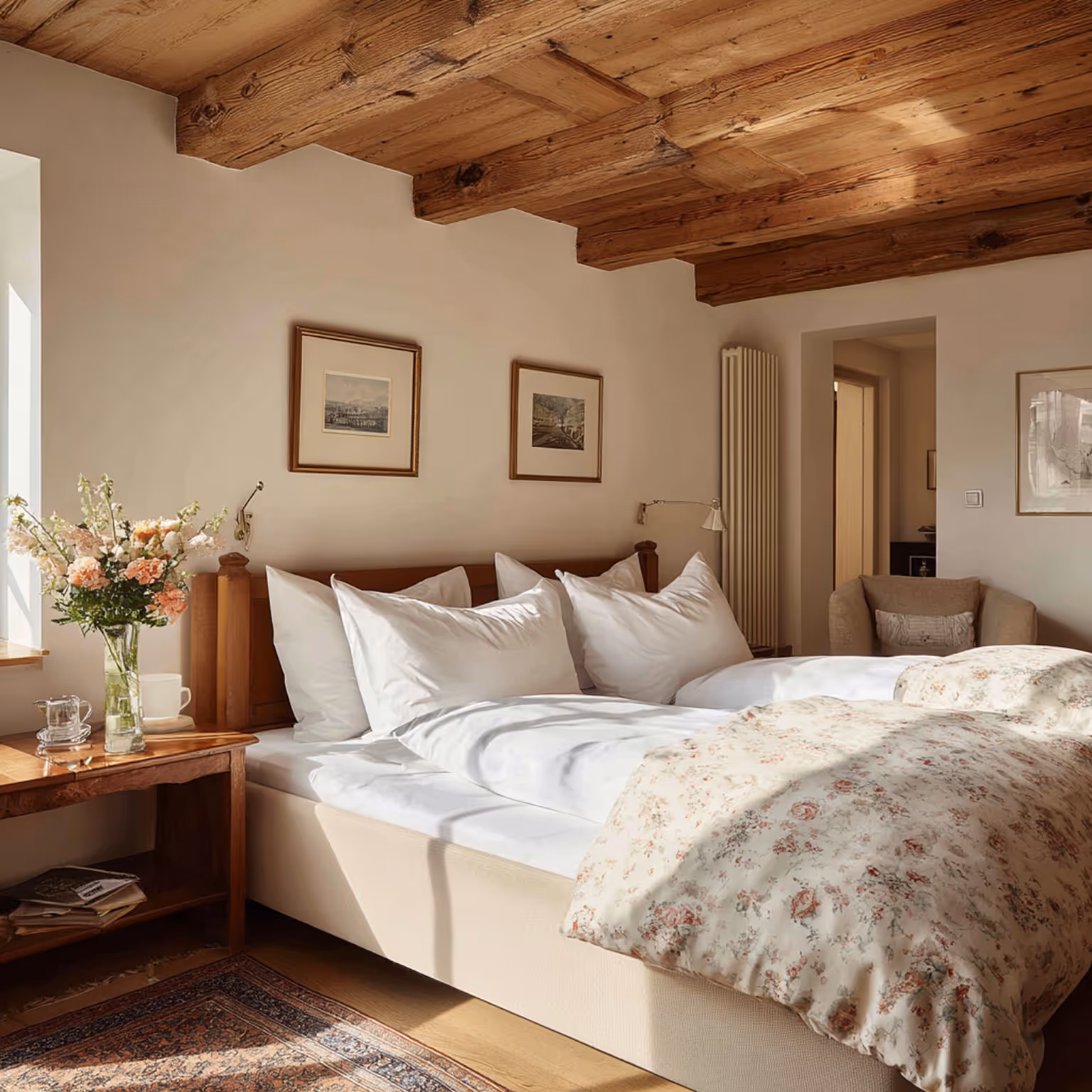 Frisch gemachtes Bett in einem gepflegten Schlafzimmer mit Tageslicht – steht für ein sauberes und gemütliches Zuhause durch regelmäßige Haushaltsreinigung.