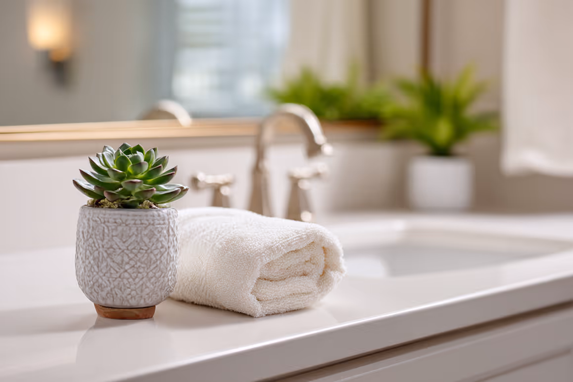 Frisch gefaltetes Handtuch und Zimmerpflanze auf einem sauberen Waschbecken – Symbol für ein gepflegtes, stressfreies Zuhause.