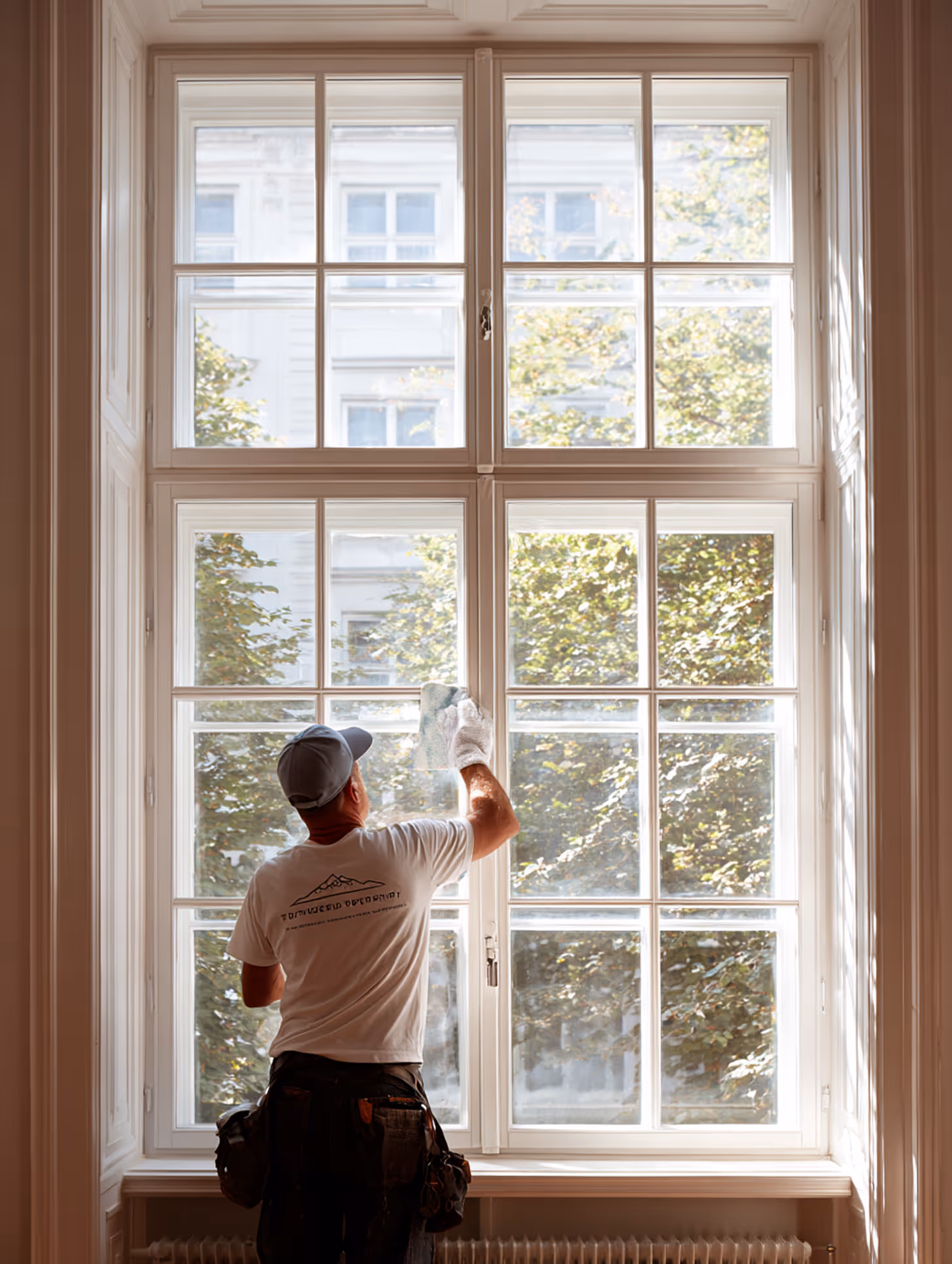 Reinigungskraft säubert ein großes, mehrteiliges Fenster mit Blick ins Grüne – für streifenfreie Sauberkeit und klare Sicht.