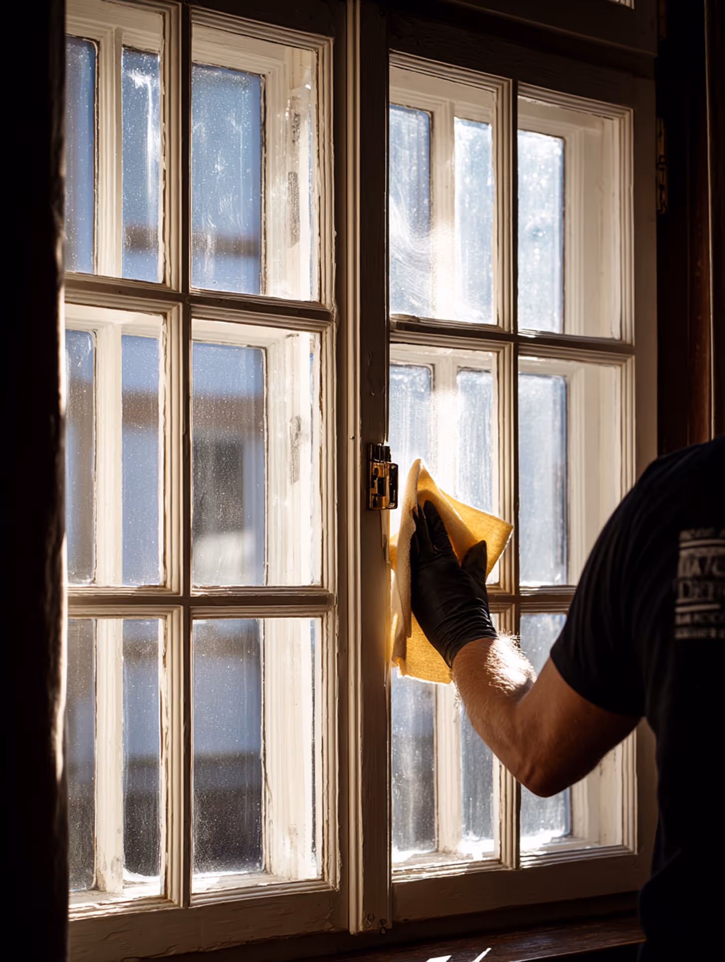 Reinigungskraft poliert bei Sonnenlicht ein klassisches Holzfenster – für streifenfreien Glanz und klare Sicht.