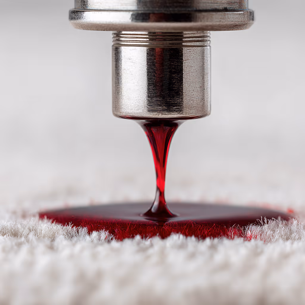 Nahaufnahme: Roter Flüssigkeitsfleck (vermutlich Rotwein) tropft auf einen hellen Teppich – symbolisiert hartnäckige Verschmutzungen bei der Grundreinigung.