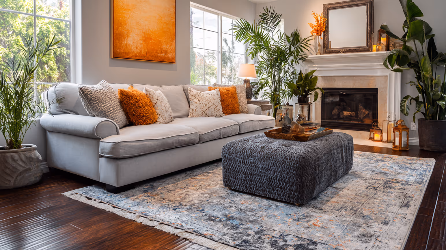Modern eingerichtetes, sauberes Wohnzimmer mit grauem Sofa, Teppich und Pflanzen – symbolisiert ein gepflegtes Zuhause nach der Umzugsreinigung.