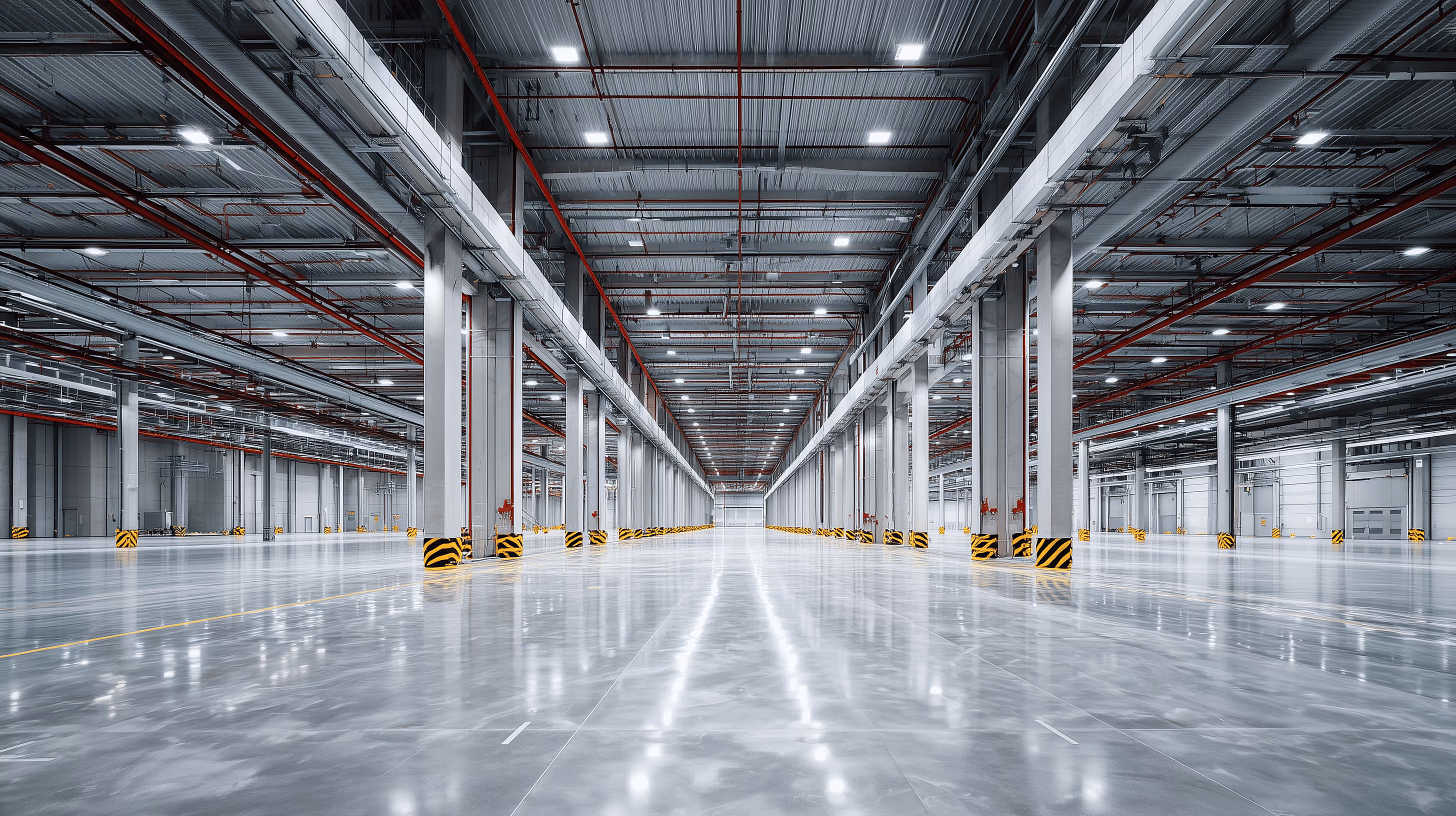 Professionelle Hallenreinigung in Düsseldorf: Weitläufige und makellos saubere Logistikhalle mit glänzendem Industrieboden, der die Deckenleuchten reflektiert – ein Ergebnis der Spezialreinigung von Karma Service.