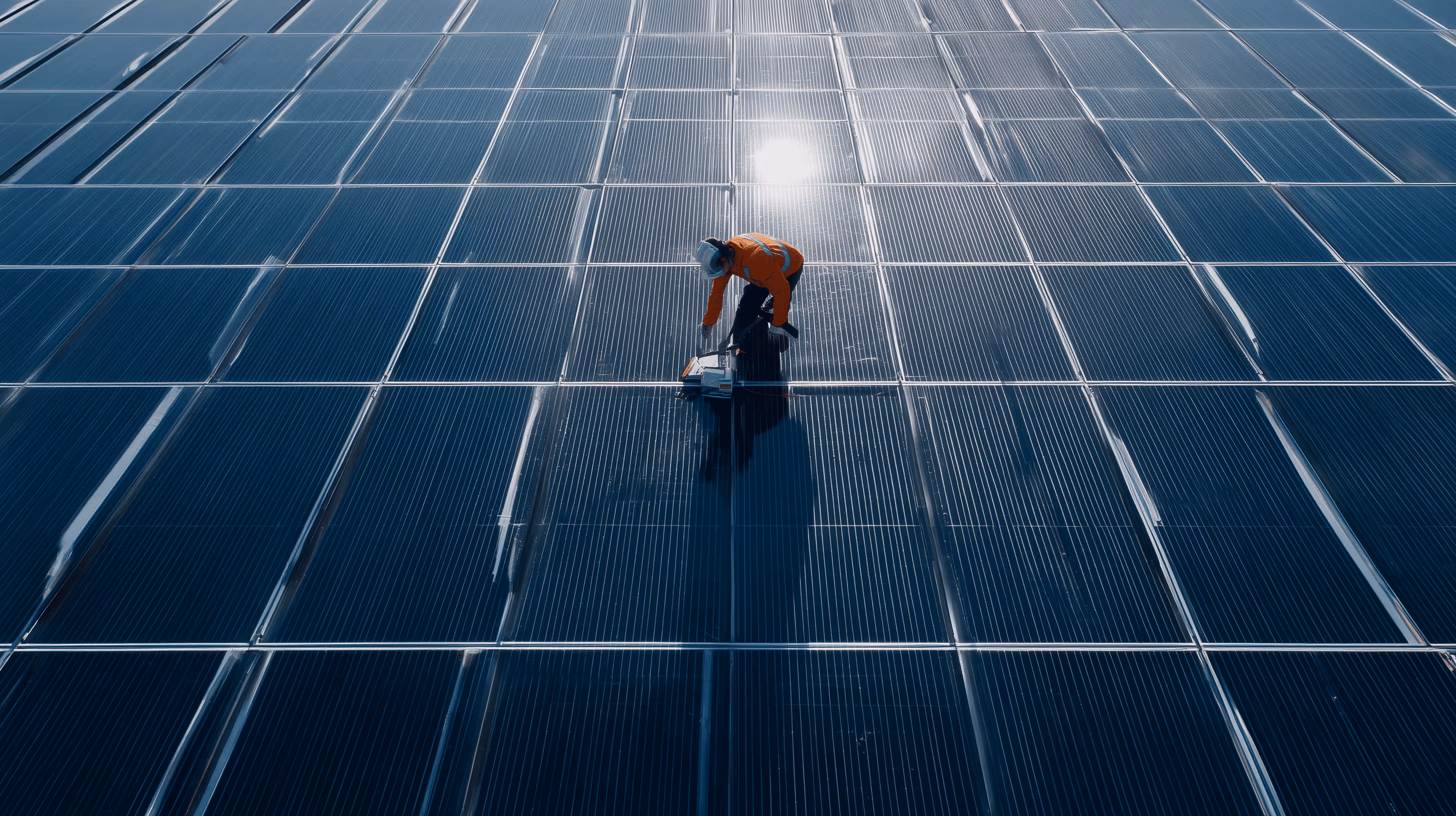 Professionelle Solarreinigung in Düsseldorf: Ein Mitarbeiter von Karma Service reinigt Solarmodule auf einem Dach für maximale Energieeffizienz.