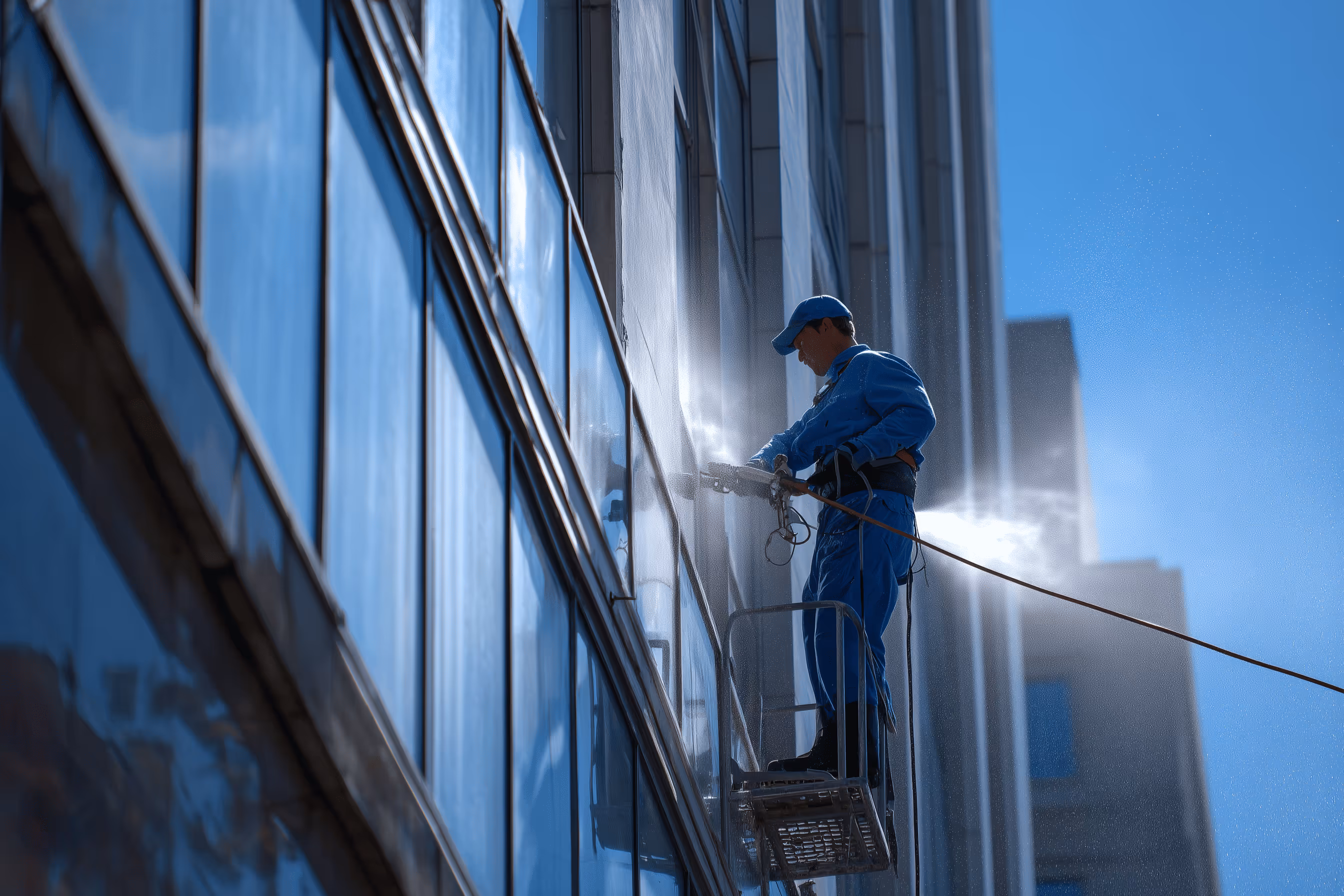 Streifenfreie Glasreinigung in Düsseldorf mit Osmosetechnik von Karma Service an einem großen Bürofenster.