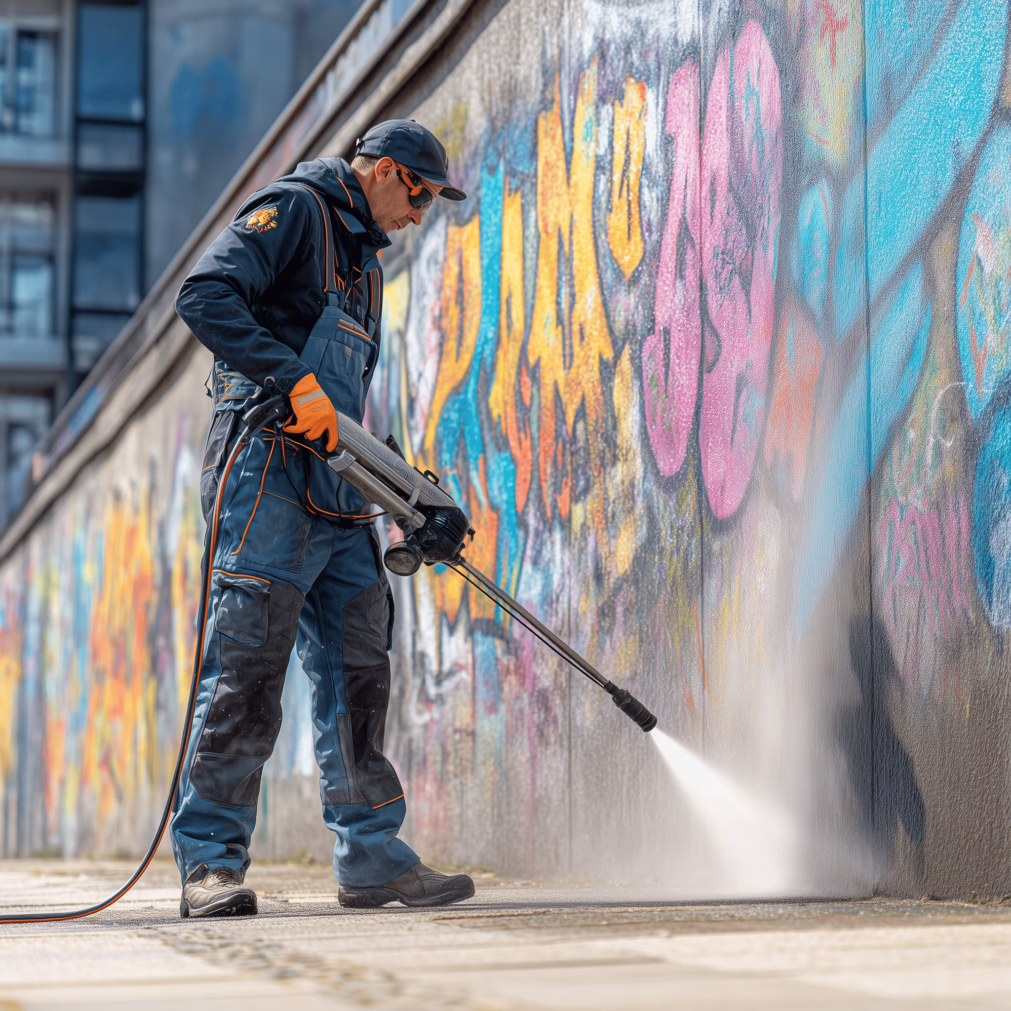 Graffiti-Entfernung mit Heißwasser-Hochdruckreinigung in Düsseldorf: Ein Karma Service Mitarbeiter reinigt eine Betonwand.