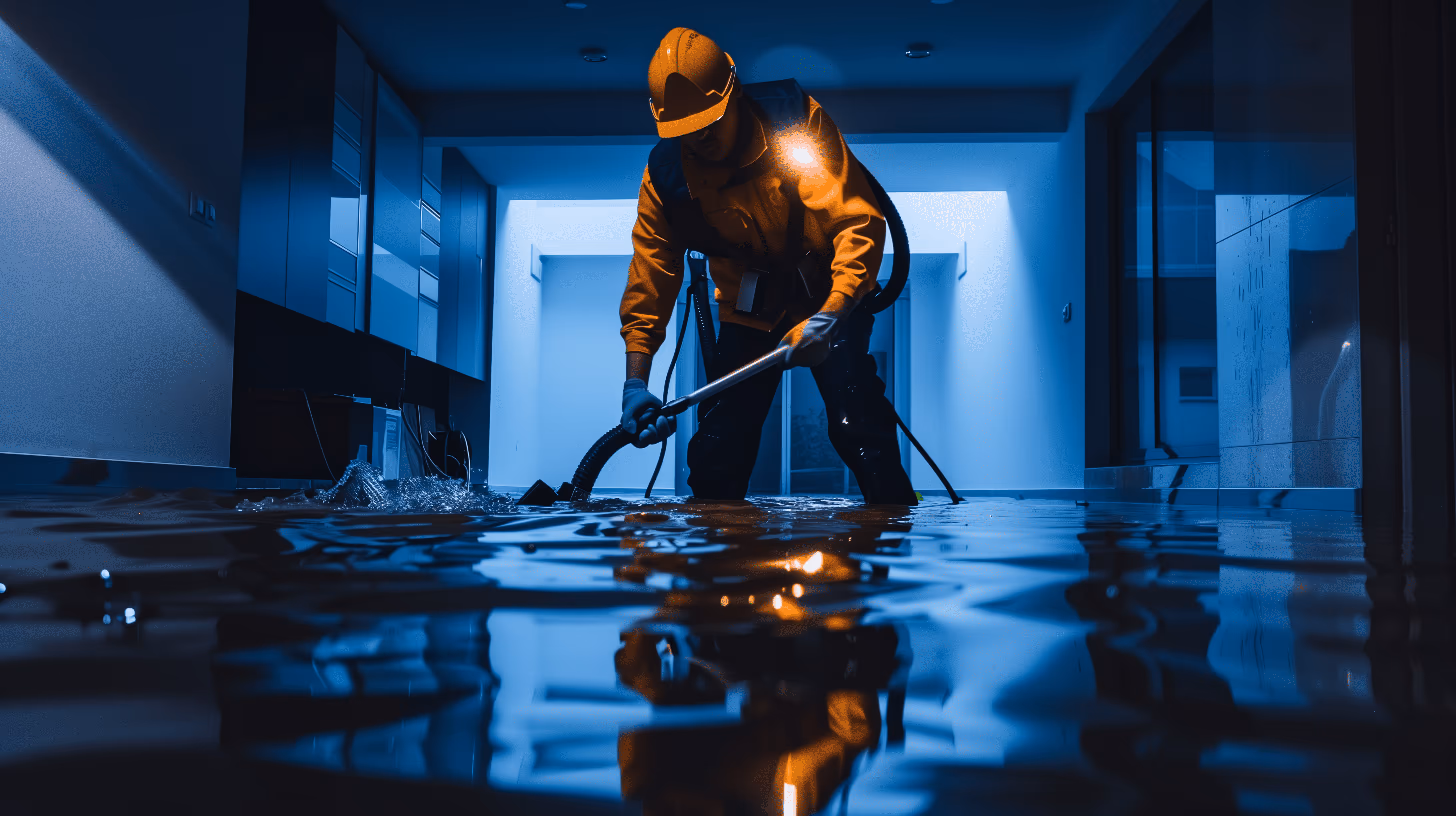 Karma Service Notdienst-Mitarbeiter entfernt Wasser nach einem Wasserschaden in einem Keller in Düsseldorf mit einem Industriesauger.
