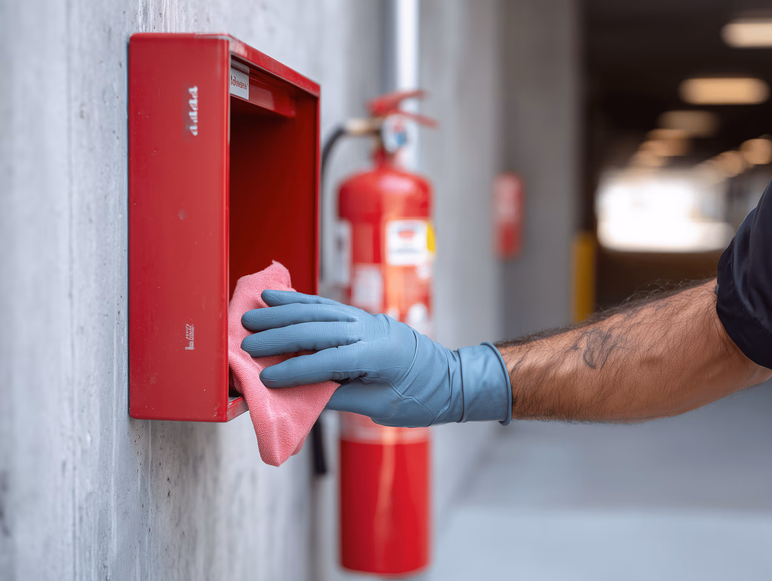 Detailreinigung in einer Tiefgarage in Düsseldorf: Ein Mitarbeiter von Karma Service säubert einen Feuerlöscherkasten.