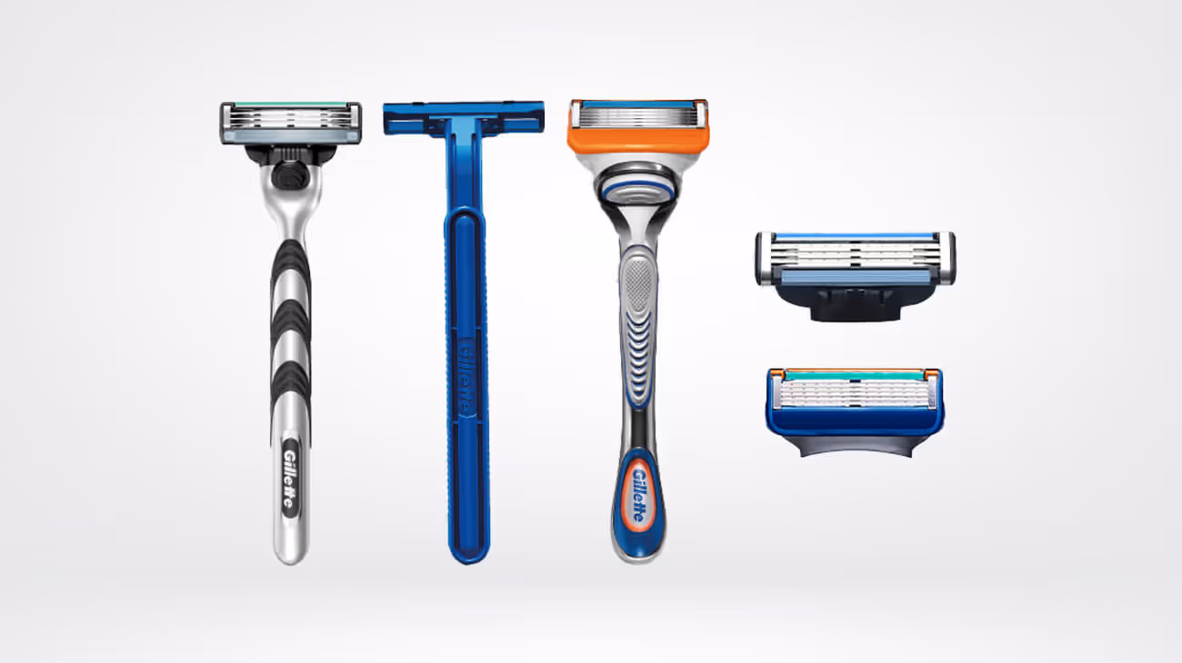 Razor recycling program showing collected shaving equipment and accessories