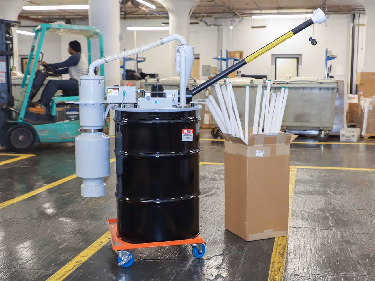 Light bulb recycling equipment displaying bulb crushing and collection machine