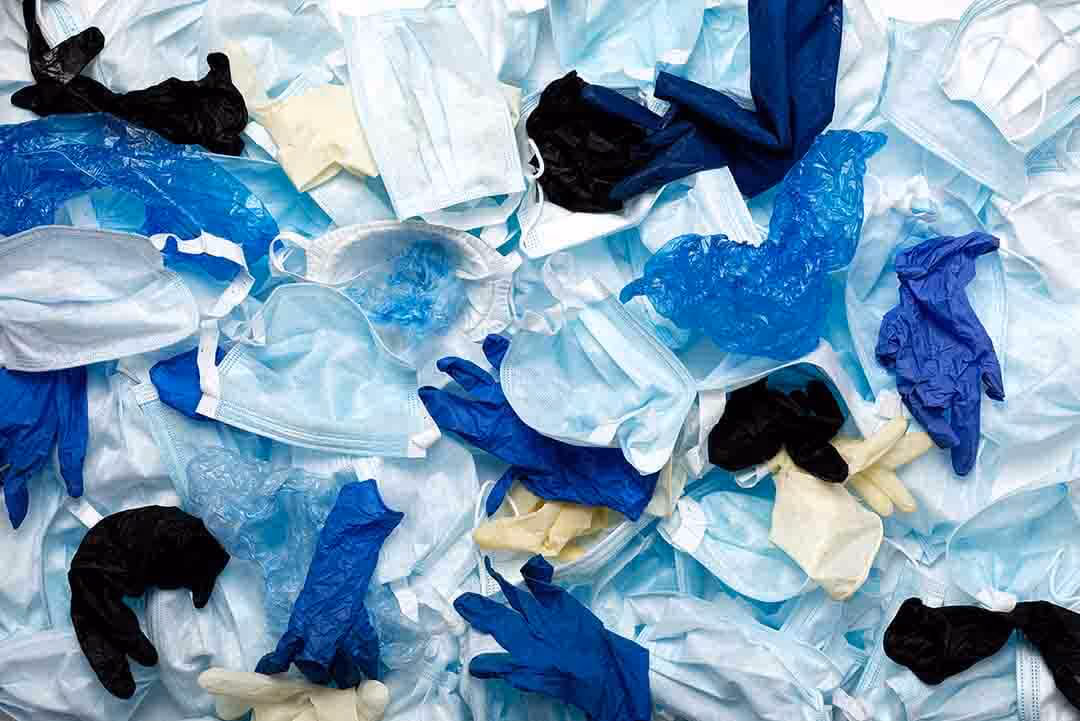 Personal protective equipment recycling program showing collected safety gear