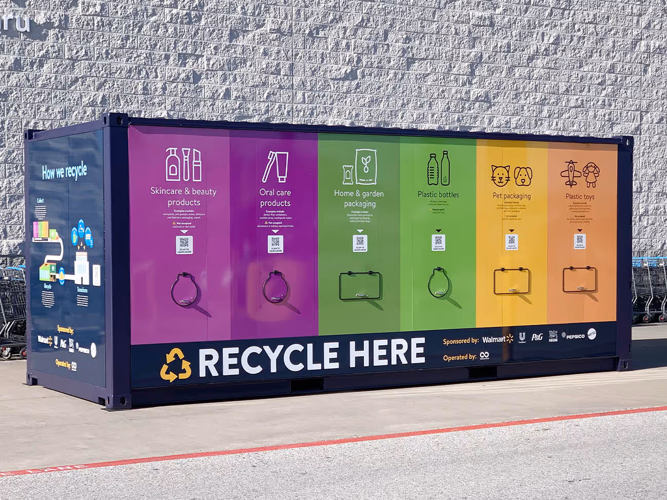 Walmart store featuring TerraCycle recycling collection hub with branded signage