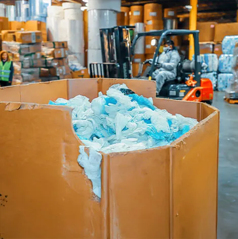 A large cardboard bin in a warehouse holds shredded blue plastic, with a forklift and workers visible in the background.