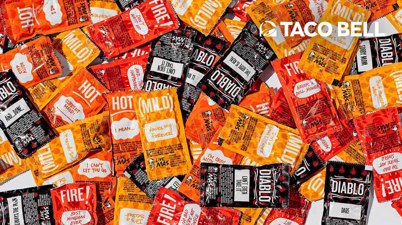 A collection of Taco Bell sauce packets, which can be recycled through a partnership with TerraCycle.