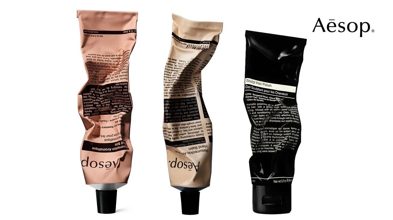 Aesop skincare products in their signature amber bottles, which can be returned for recycling via TerraCycle.