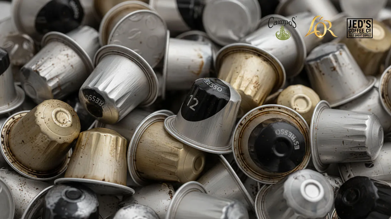 A display of coffee pods from L'or, Campos, and Jeds, which are recyclable through TerraCycle's program.