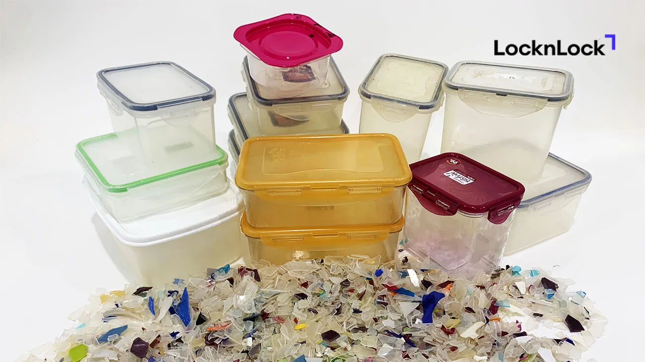 A stack of LocknLock food containers, which can be recycled through TerraCycle at the end of their life.