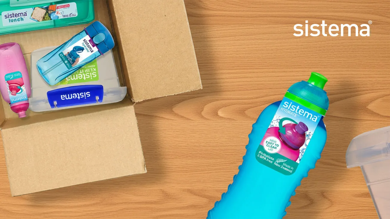 Reusable food containers from Sistema, highlighting the brand's commitment to reducing single-use plastics.