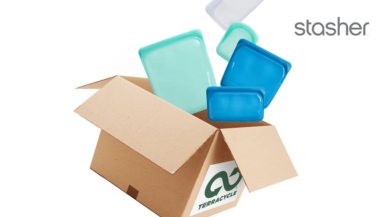 A variety of reusable Stasher bags, an alternative to single-use plastics and part of the TerraCycle ecosystem.