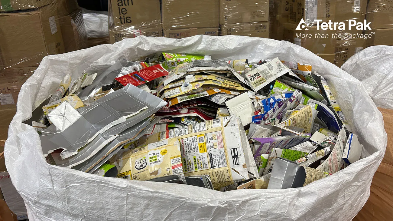 A display of Tetra Pak cartons, which can be recycled through specialized TerraCycle programs.