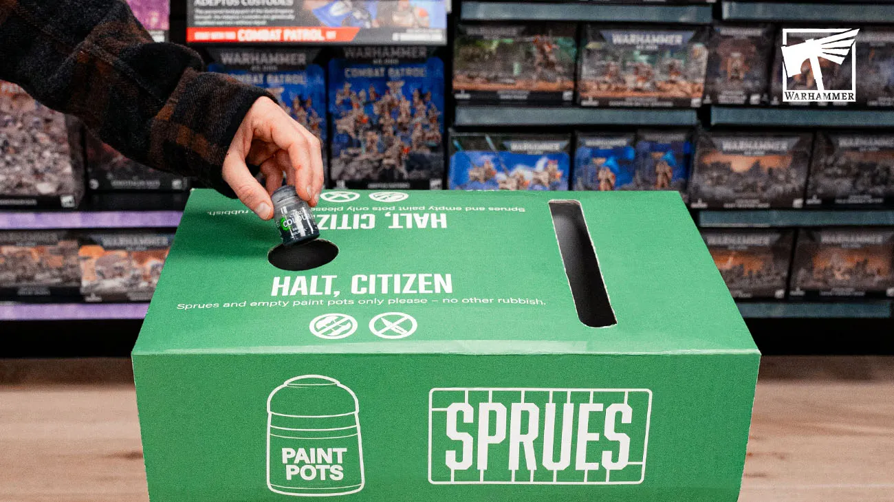 Warhammer miniatures and game pieces, illustrating the types of hobby products that can be recycled through TerraCycle.