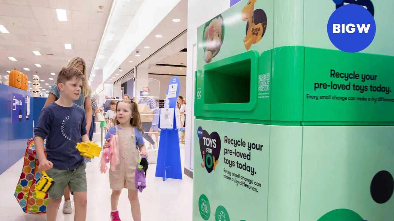 A Big W storefront with a prominent display advertising their partnership with TerraCycle for recycling household goods.