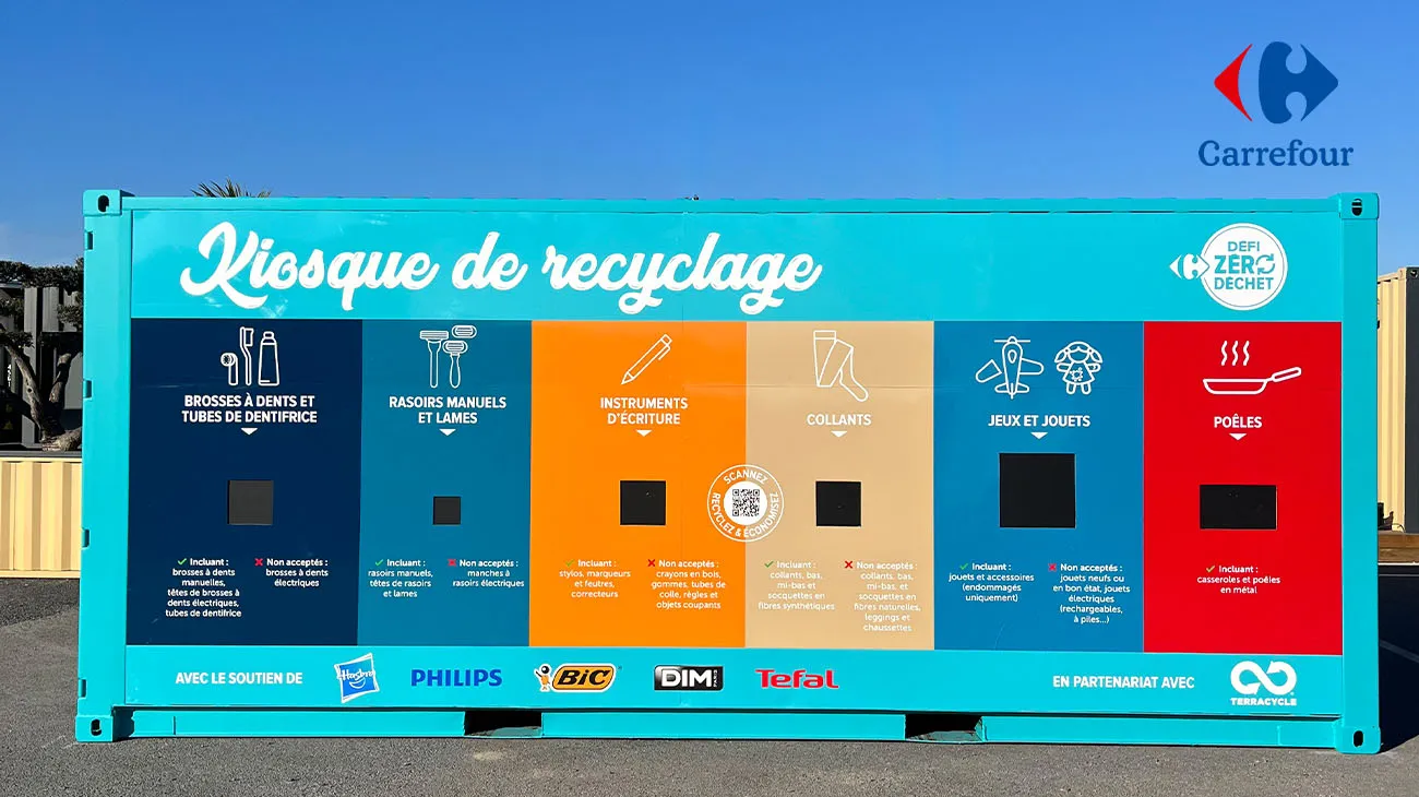 A large recycling collection point at a Carrefour hypermarket, part of their national sustainability program with TerraCycle.