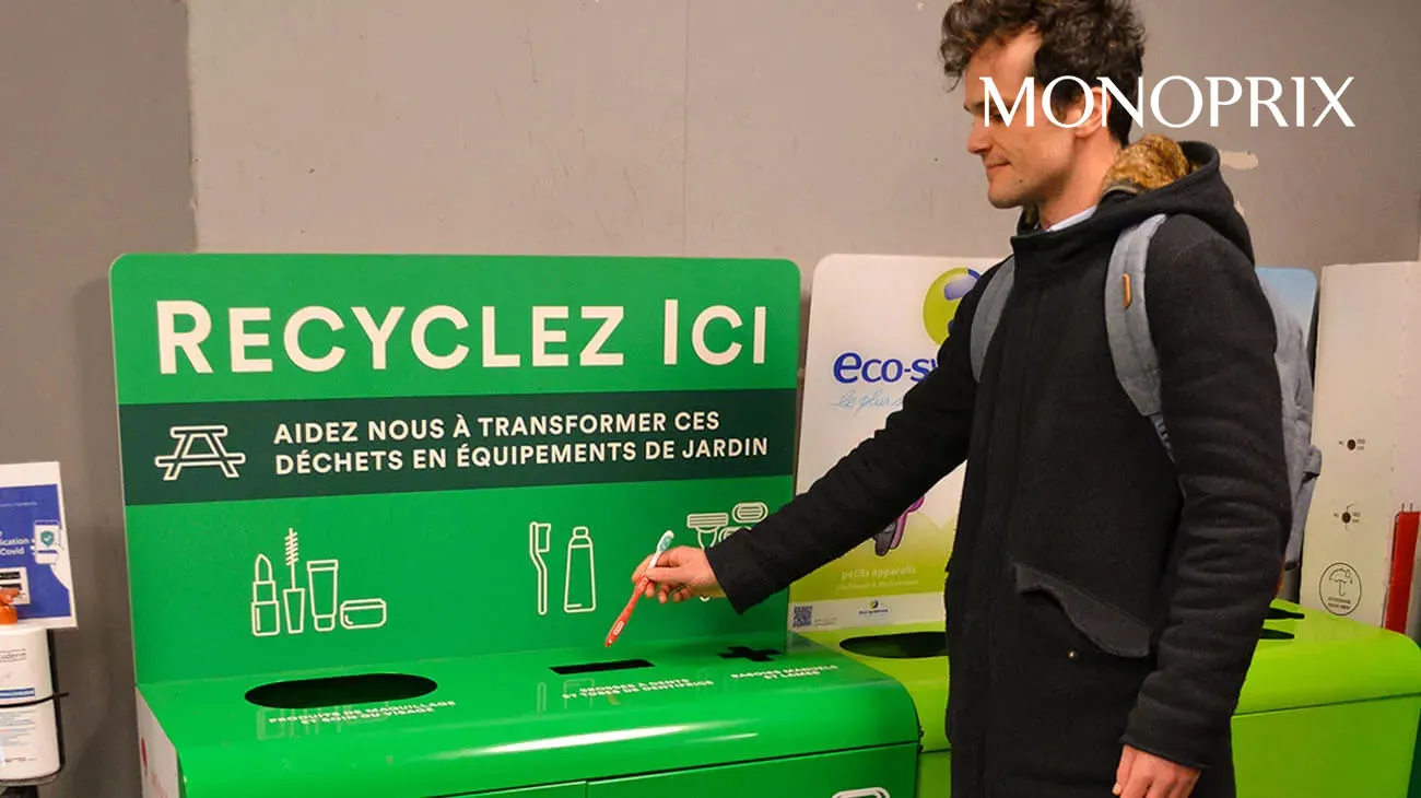 A recycling collection point inside a Monoprix supermarket in France, part of their partnership with TerraCycle.
