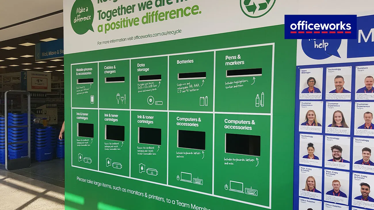 A large-scale recycling collection point at an Officeworks store for office supplies and e-waste.