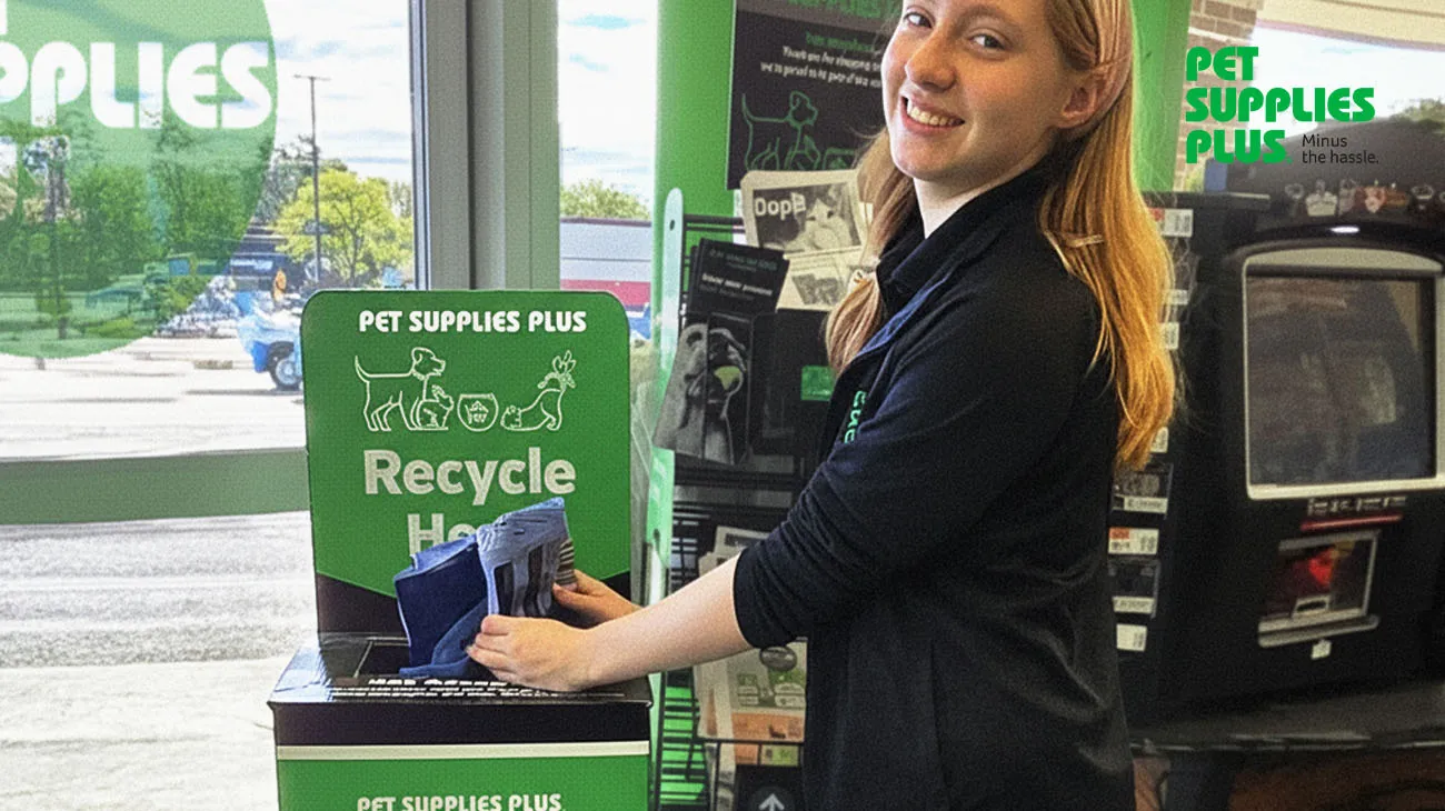 A collection center at Pet Supplies Plus for various pet-related waste, part of their TerraCycle recycling initiative.