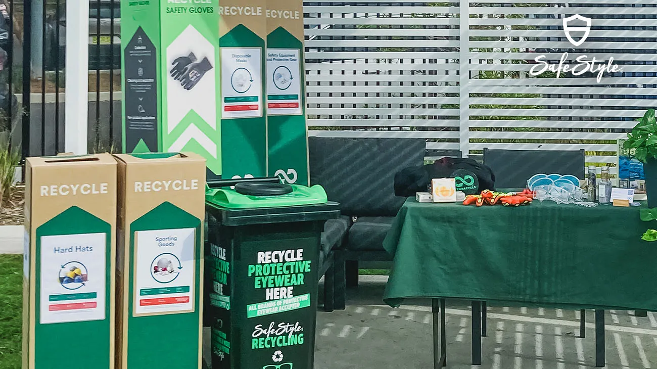 A collection bin for SafeStyle safety glasses, part of a partnership to recycle personal protective equipment.