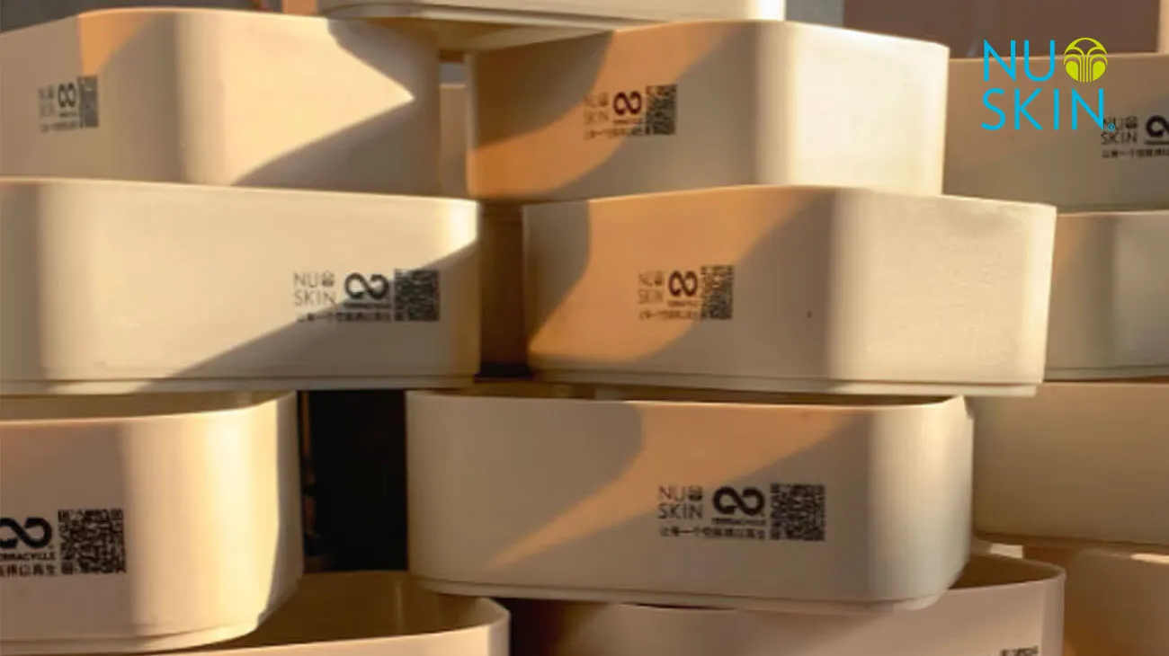 Empty Nu Skin cosmetic containers being collected for TerraCycle's beauty product recycling program.