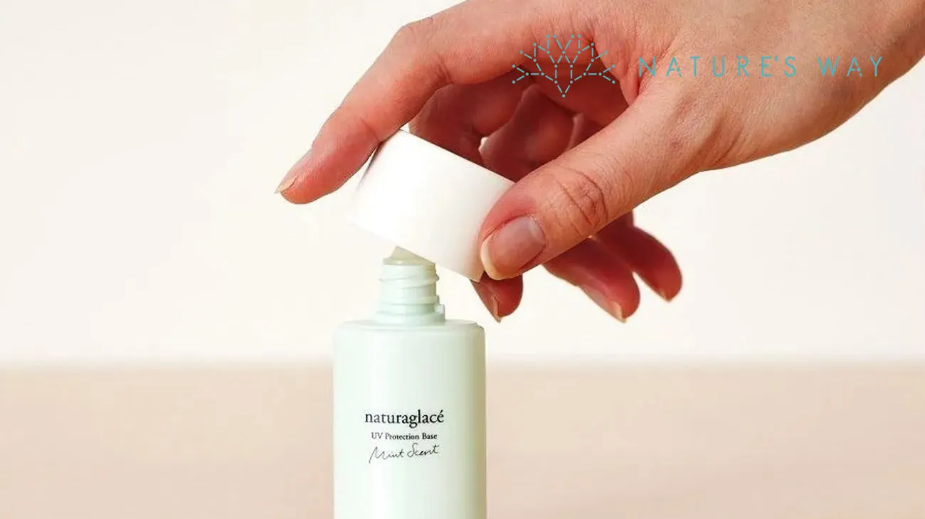 A bottle of naturaglacé UV protection base, highlighting the types of cosmetic products recycled through TerraCycle's partnership with Nature's Way.