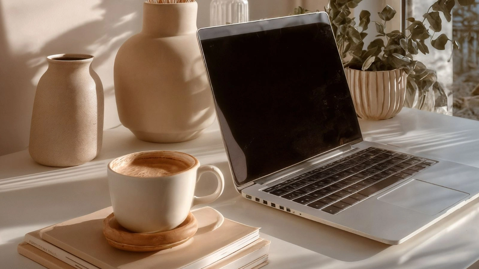 Laptop, a cup of coffee, plant, a two ceramic vases on white desk