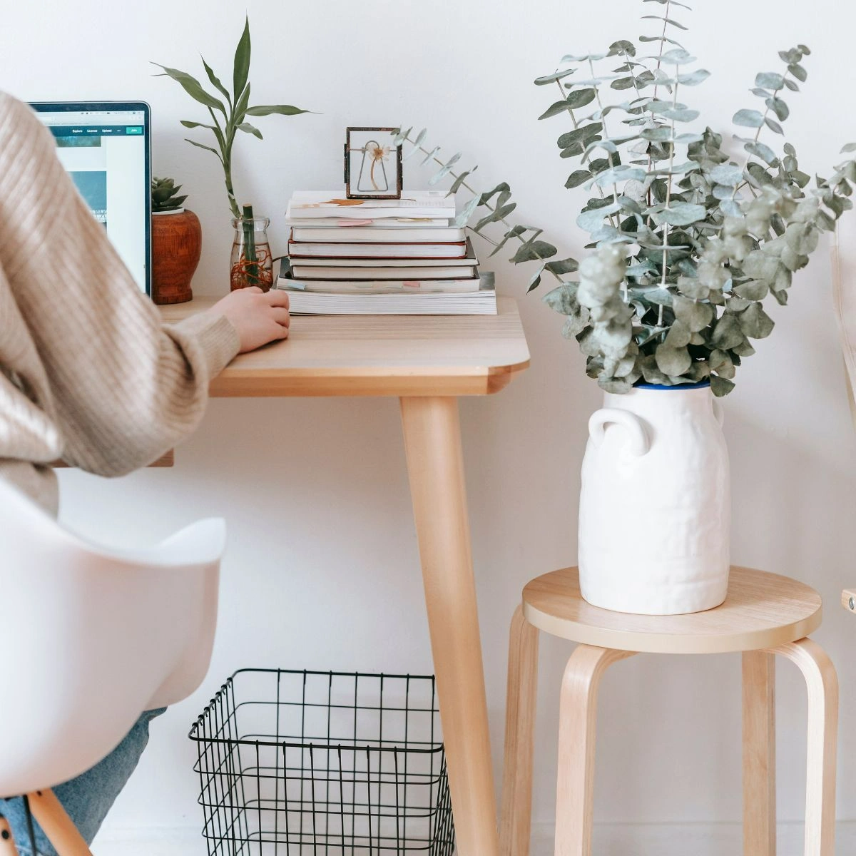 A Hali Helper team member on desk doing admin tasks on a laptop with a eucalyptus plant in a vase beside
