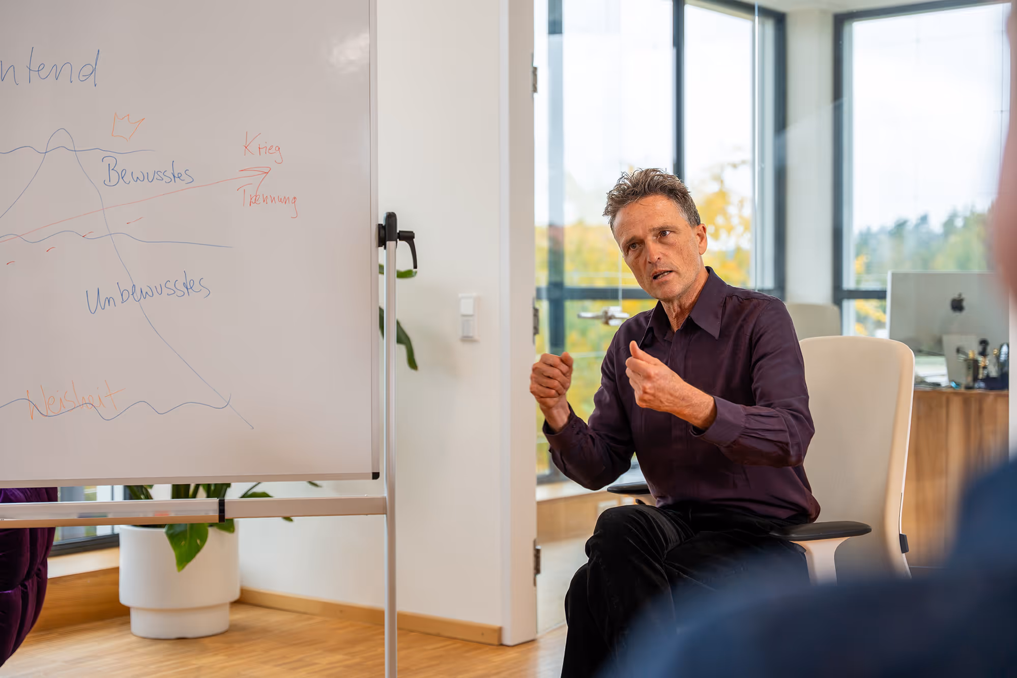 Andreas Bertram erklärt den Deep Democracy Eisberg an einer Tafel