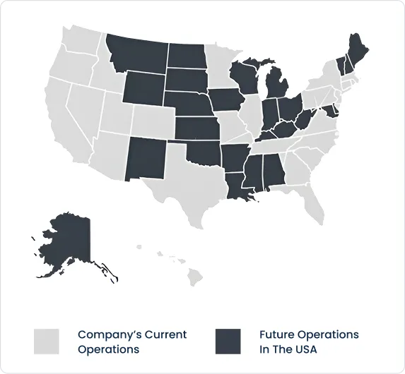 Map of the United States showing AARE's current operations and future operations