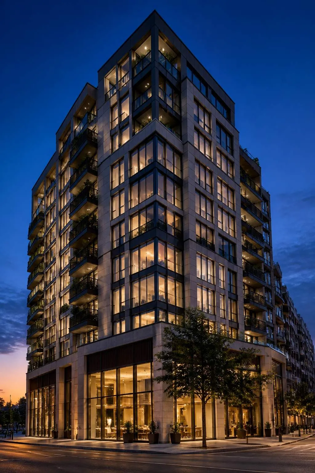 Modern mid-rise residential building with lit windows at dusk