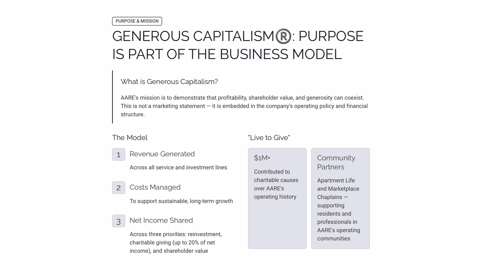 AARE faith driven pitch deck: Generous Capitalism, purpose is part of the business model